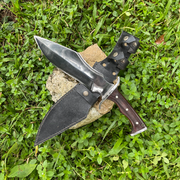 10-inch Tikau Kukri knife hand-forged from 5160 steel with rosewood handle and leather sheath